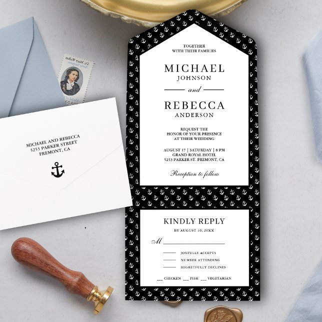 Invitación Todo En Uno Boda Náutico de Anclas Negras y Blancas (Subido por el creador)