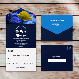 Invitación Todo En Uno Boda Náutico de peces submarinos azul de la marina