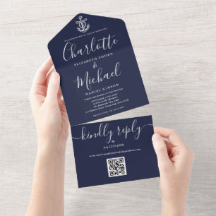 Invitación Todo En Uno Boda Náutico del delimitador de código QR azul de