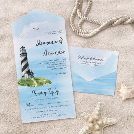 Invitación Todo En Uno Boda Náutico Moderno de la acuarela del faro