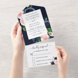 Invitación Todo En Uno Boda Naval Azul Rubor Floral Rosa Todo En Una Inv
