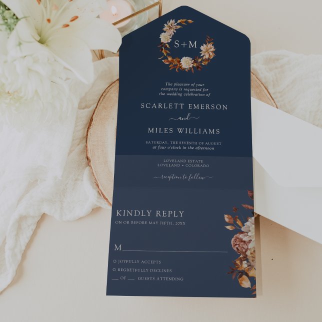Invitación Todo En Uno Boda Navy (Autumn Navy Blue Wedding All In One Invitation by Painted Paperie
)