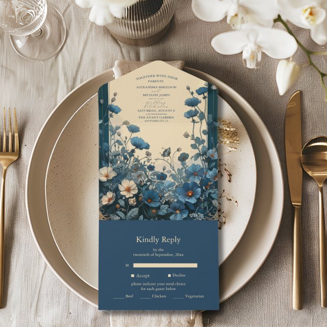 Invitación Todo En Uno Boda Navy Blue Art Nouveau (Subido por el creador)