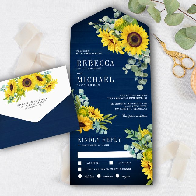 Invitación Todo En Uno Boda Navy Blue Wood Sunflowers y Eucalyptus (Subido por el creador)