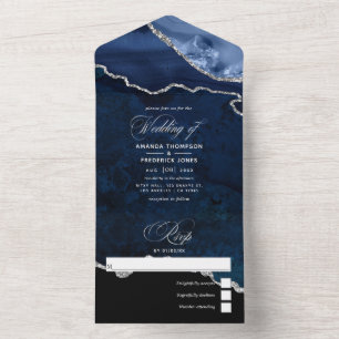 Invitación Todo En Uno Boda Navy Blue y Agata Plateada Todo en Uno Invi