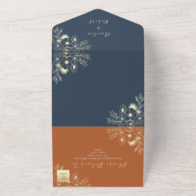 Invitación Todo En Uno Boda Navy Blue y Terracotta (Afuera)