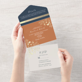 Invitación Todo En Uno Boda Navy Blue y Terracotta