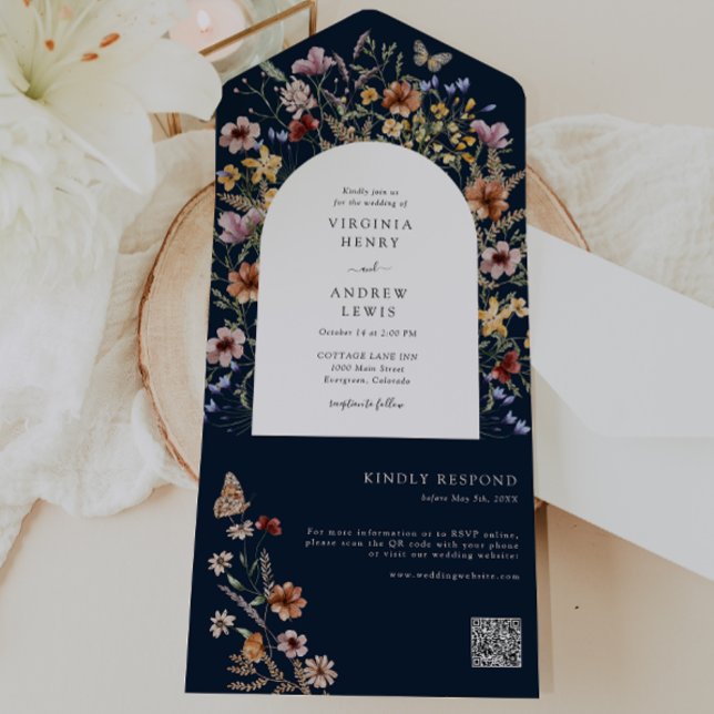 Invitación Todo En Uno Boda Navy Boho (Navy Blue Boho Wedding All In One Invitation by Painted Paperie
)