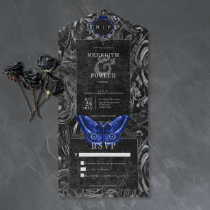 Invitación Todo En Uno Boda Negra Azul Filigrana Mariposa No Cena