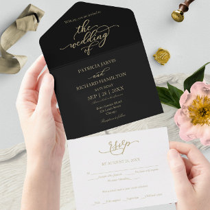 Invitación Todo En Uno Boda Negra Caligrafía Dorada Elegante