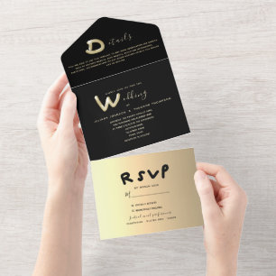 Invitación Todo En Uno Boda Negra Caligrafía Dorada Moderna Mínima