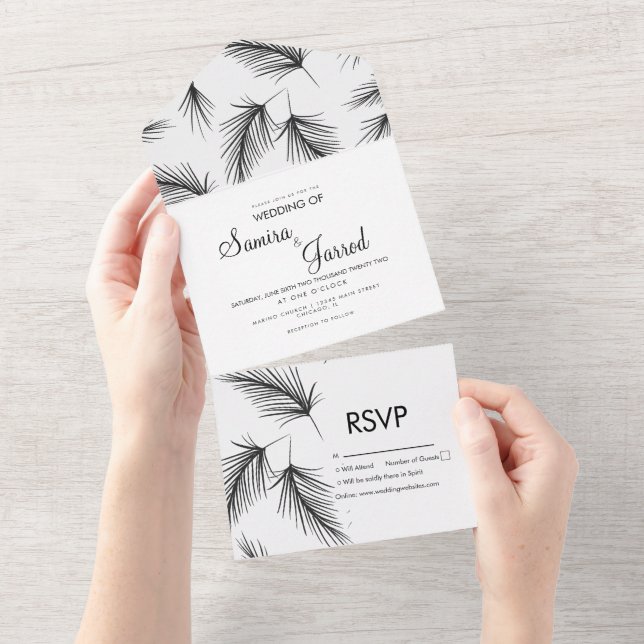 Invitación Todo En Uno Boda Negra De Hoja De Palma Tropical Dibujada A Ma (desgarro)