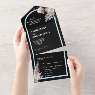 Invitación Todo En Uno Boda negra elegante floral