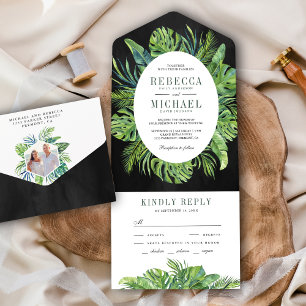 Invitación Todo En Uno Boda Negra Hojas de Palma Tropical Moderna Monster