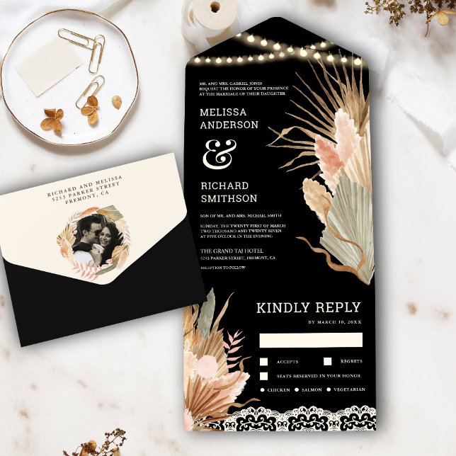 Invitación Todo En Uno Boda Negra Rústica Boho Palma Seca Pampas (Subido por el creador)