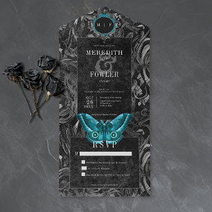Invitación Todo En Uno Boda Negra Teal Filigrana Mariposa No Cena Nupcial
