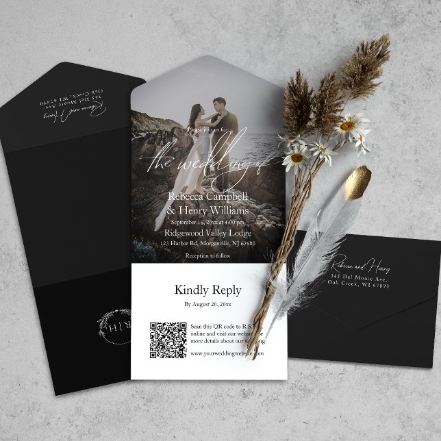 Invitación Todo En Uno Boda negro de escritura de foto moderna QR Code RS (All-in-one wedding invitation with QR code to RSVP - Simplify and save time for you and your guests.)