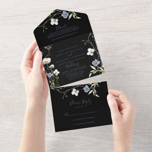 Invitación Todo En Uno Boda negro de Floral de bosque salvaje (desgarro)
