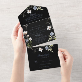 Invitación Todo En Uno Boda negro de Floral de bosque salvaje