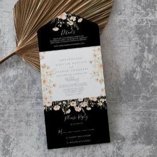Invitación Todo En Uno Boda negro de flores silvestres de Boho Rubor clás