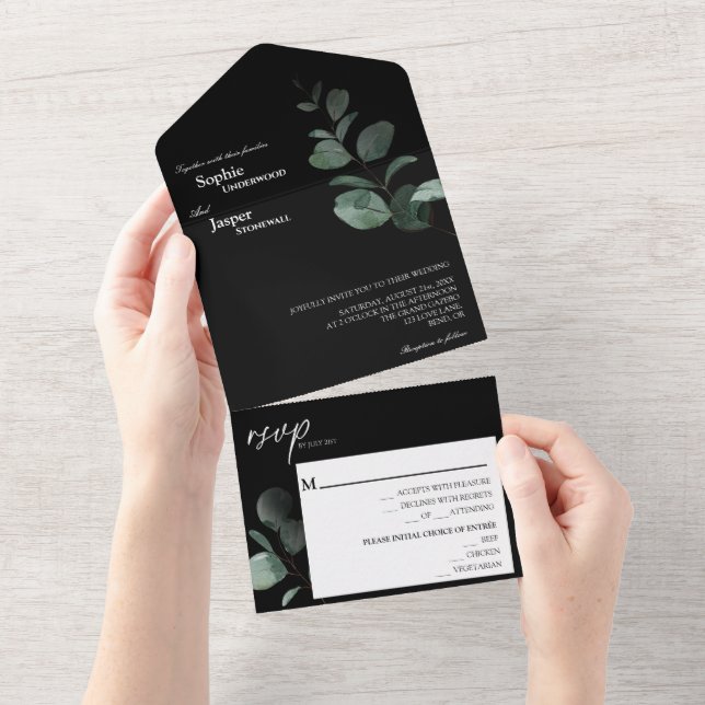 Invitación Todo En Uno Boda negro de la vegetación moderna (desgarro)