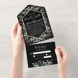 Invitación Todo En Uno Boda negro del marco dorado Eucalyptus con RSVP