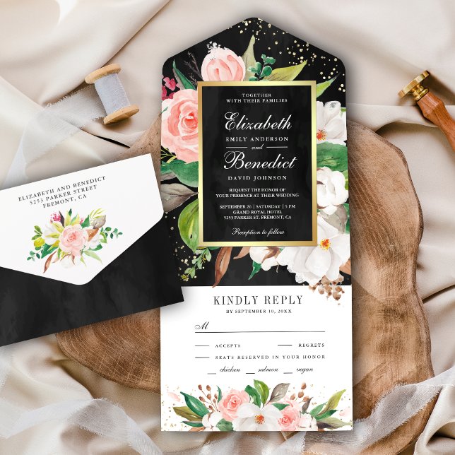 Invitación Todo En Uno Boda negro floral de Magnolia blanca rosa Rubor (Subido por el creador)
