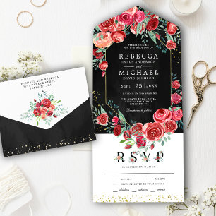 Invitación Todo En Uno Boda negro floral de rosas rojas modernas