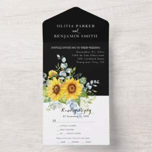 Invitación Todo En Uno Boda negro floral floral de color girasol rústico