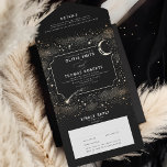 Invitación Todo En Uno Boda negro místico celestial de Night Sky Stars<br><div class="desc">Esta romántica invitación a una boda dorada y negra en la que se celebra todo en uno presenta un impresionante diseño de cielo estrellado nocturno y muestra con gusto lo romántico que será su boda. Combina la invitación de boda con una tarjeta RSVP desmontable para que los huéspedes regresen, y...</div>