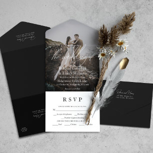 Invitación Todo En Uno Boda negro moderno con guión gráfico RSVP Entree
