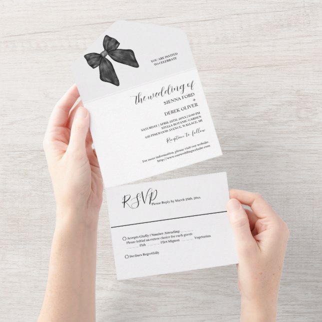 Invitación Todo En Uno Boda negro y blanco clásico de la cinta de opcione (desgarro)