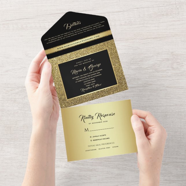 Invitación Todo En Uno Boda negro y oro de lujo (desgarro)