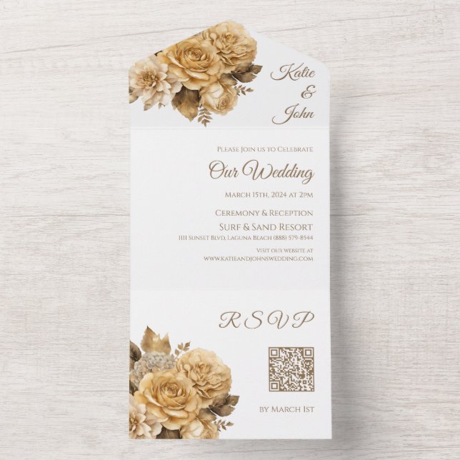 Invitación Todo En Uno Boda Neutral para Flores Bouquet-Blanco (Interior)