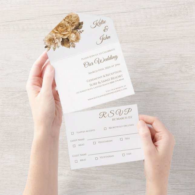 Invitación Todo En Uno Boda Neutral para Flores Bouquet-Blanco (desgarro)