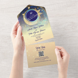 Invitación Todo En Uno Boda Nocturna Estrellada Galaxia Dorada
