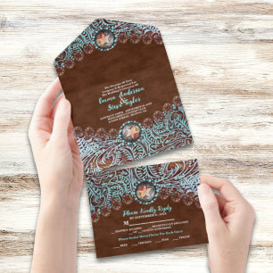 Invitación Todo En Uno Boda occidental del país del vaquero turquesa marr
