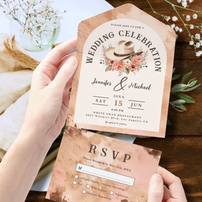Invitación Todo En Uno Boda occidental Piel de vaca rosa Rubor (Subido por el creador)