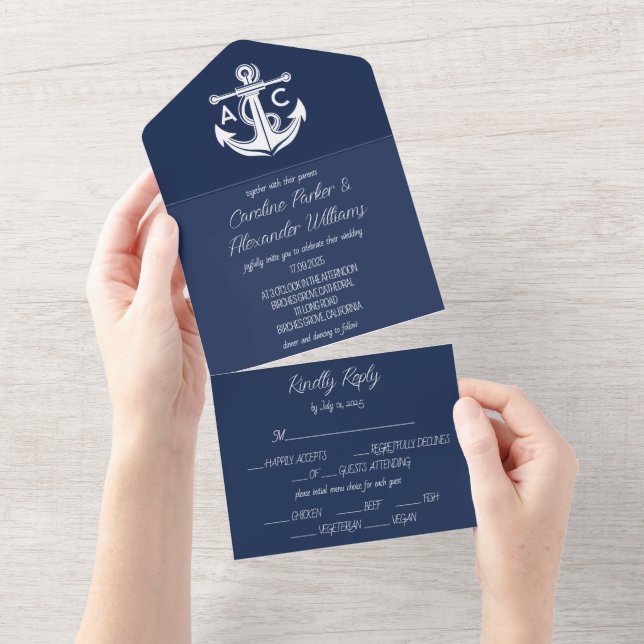 Invitación Todo En Uno Boda oceánico moderno elegante azul de la Marina N (desgarro)