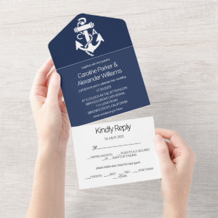 Invitación Todo En Uno Boda oceánico moderno elegante azul de la Marina N