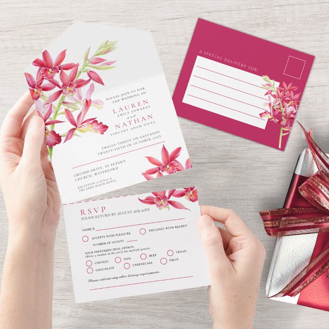 Invitación Todo En Uno Boda orquídea de joyas rojas harina de agua RSVP (Subido por el creador)