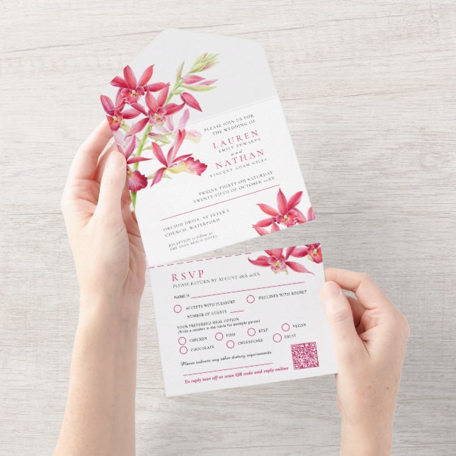Invitación Todo En Uno Boda orquídea de joyas rojas harina de agua RSVP Q (desgarro)