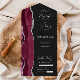 Invitación Todo En Uno Boda Oscura de Ágata Plateada de Borgoña