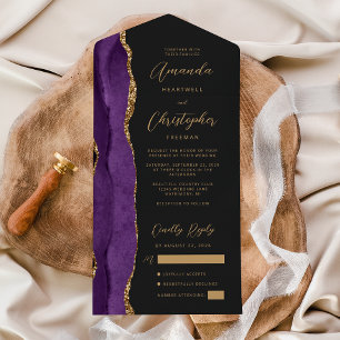 Invitación Todo En Uno Boda oscura de ágata púrpura oro script