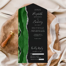 Invitación Todo En Uno Boda oscura de plata verde moderna