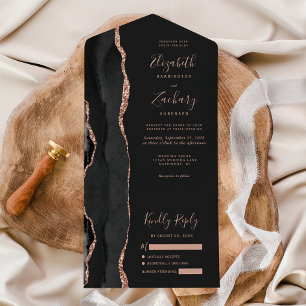 Invitación Todo En Uno Boda oscura de rosa negra moderna dorada ágata