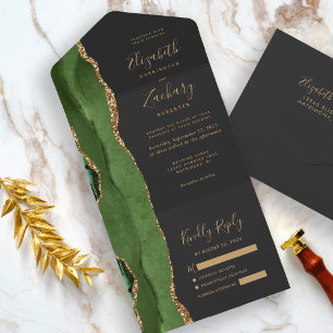 Invitación Todo En Uno Boda Oscura Moderna Caza Verde Oro Ágata