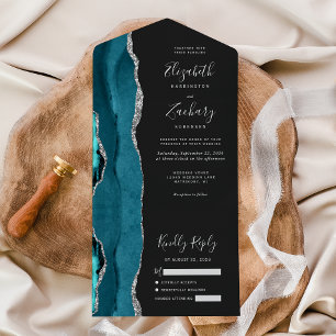 Invitación Todo En Uno Boda oscura moderna de ágata plateada y turquesa