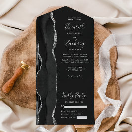 Invitación Todo En Uno Boda oscura moderna de plata y ágata negra