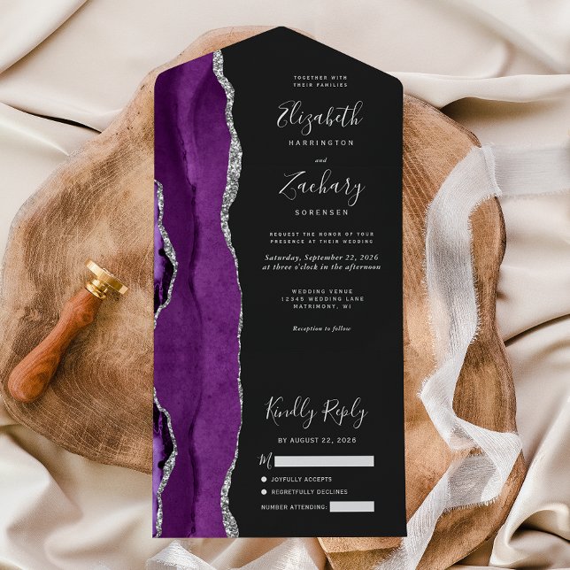 Invitación Todo En Uno Boda oscuro de la plata morada moderna (Subido por el creador)